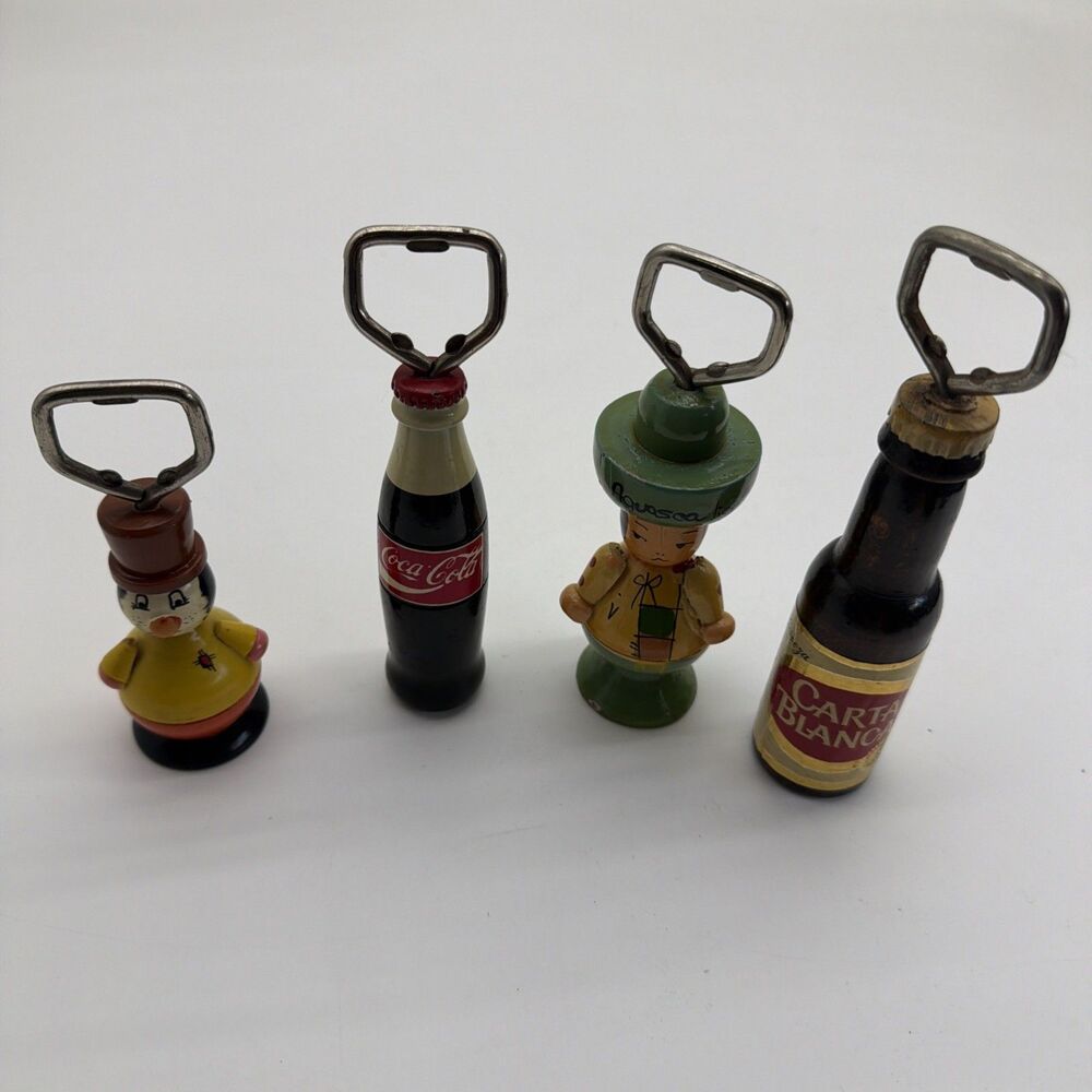 VTG MEXICAN Wooden Bottle Opener-Carta Blanca,Coca Cola & Aguascalientes Figures